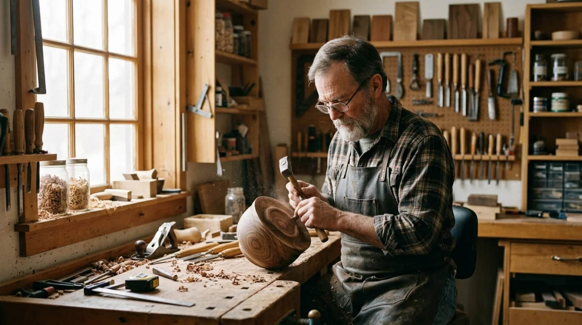 Artisan menuisier travaillant le bois dans un atelier lumineux et paisible.