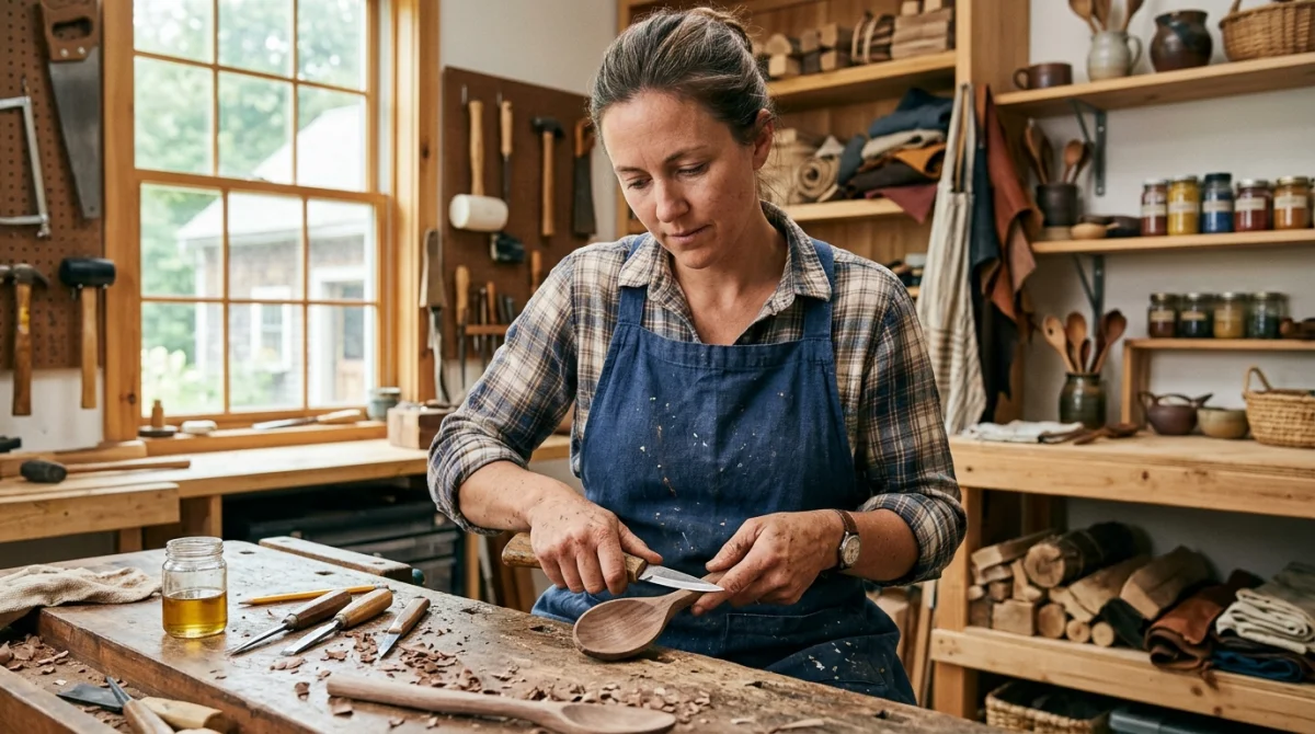 Artisan travaillant le bois dans un atelier lumineux, mains habiles et outils visibles.