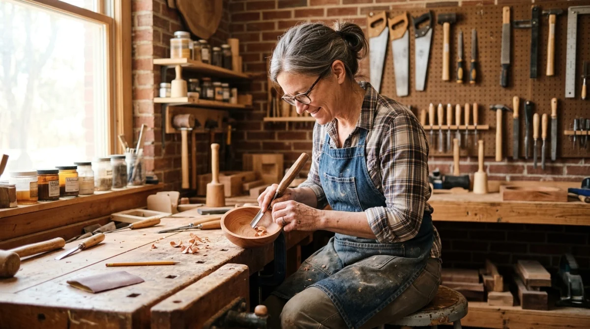 Artisan concentré travaillant le bois dans un atelier lumineux, métier manuel valorisé.