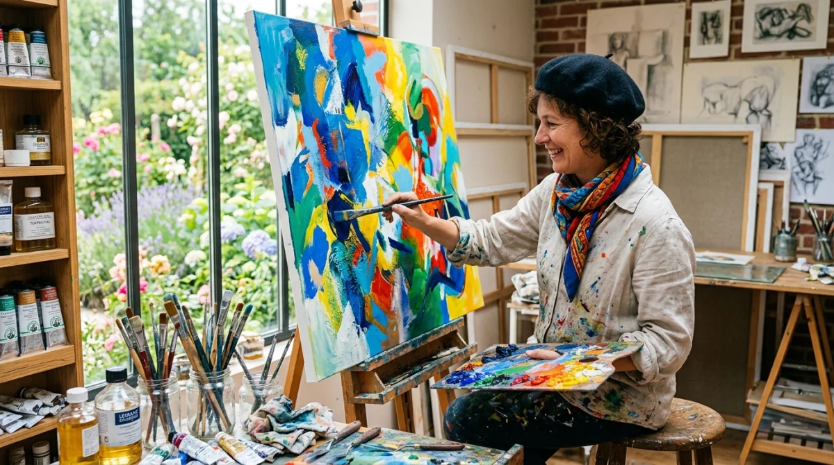 Artiste concentré travaillant sur une toile colorée dans un atelier lumineux, portant béret et blouse.