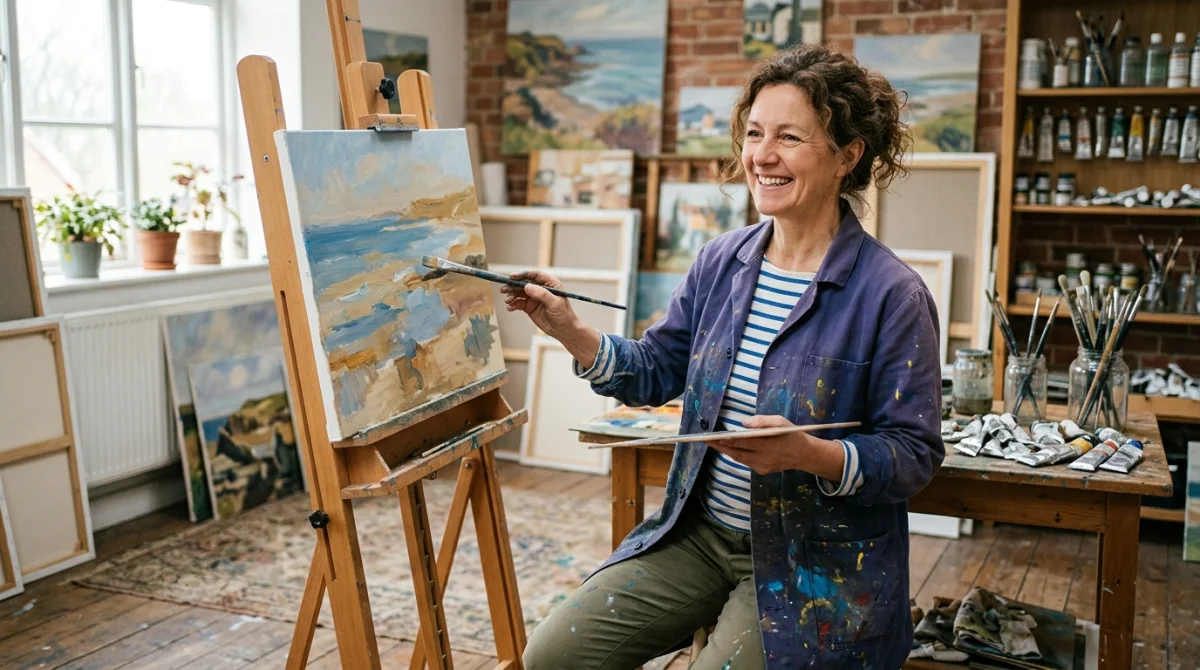 Artiste peintre souriante dans son atelier lumineux, travaillant sur une toile.