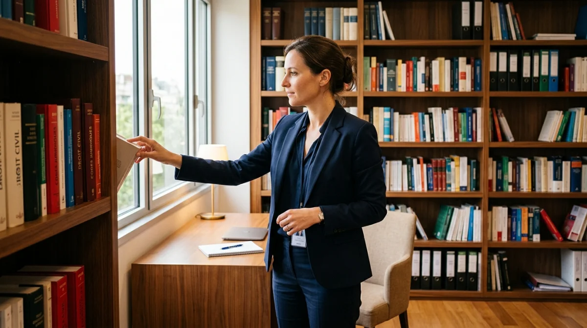 Professionnel en costume étudiant des livres de droit dans un bureau moderne et lumineux.