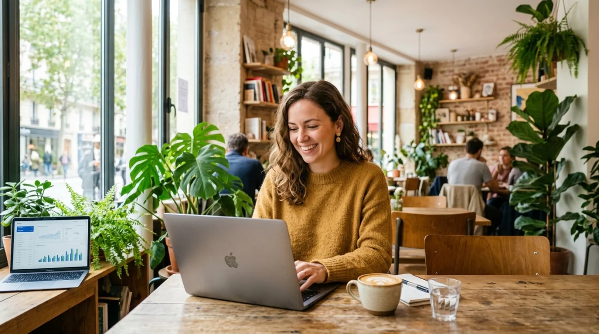 Personne souriante travaillant sur ordinateur portable dans un café, affichant des graphiques financiers.