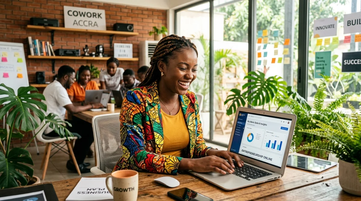 Jeune femme africaine souriante travaillant sur ordinateur portable, symbolisant les business en ligne rentables.