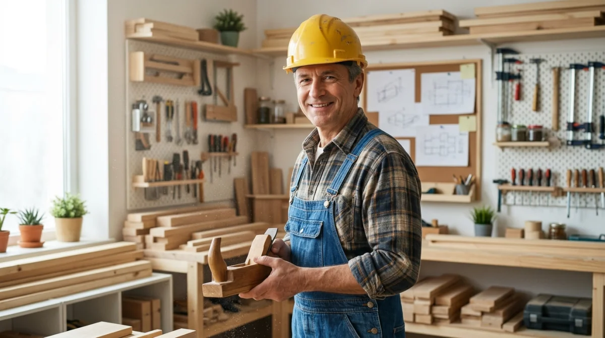 Charpentier souriant en atelier, tenant un outil, métier en C, photographie réaliste.