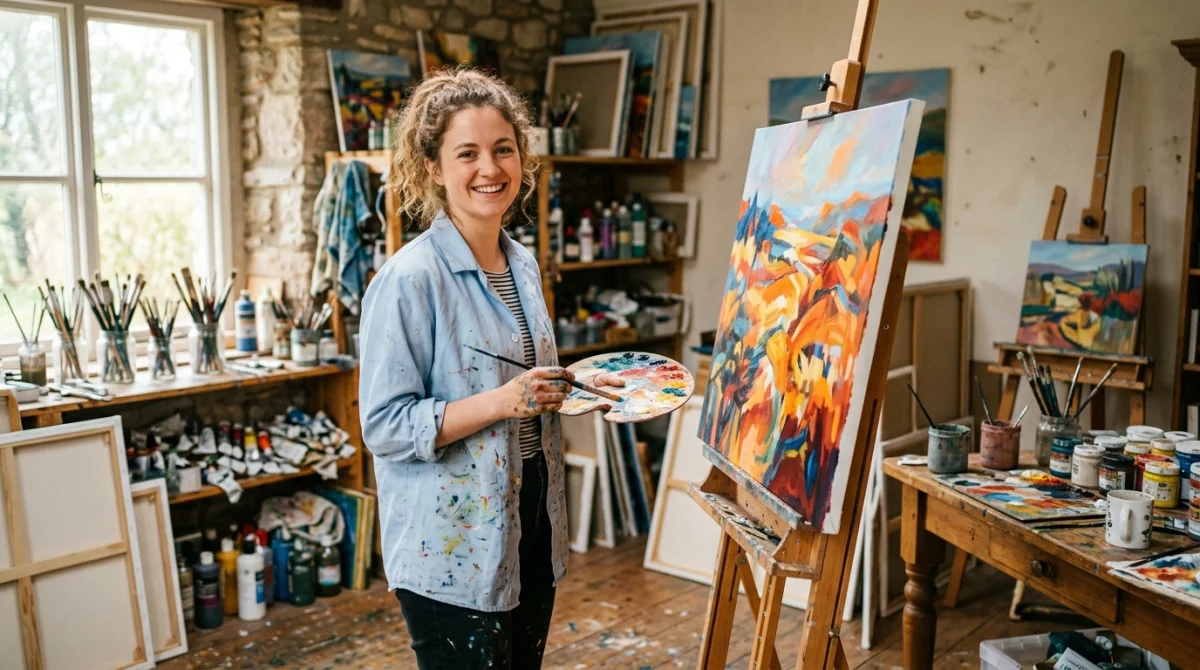 Jeune artiste peintre souriante dans son atelier lumineux, devant une toile colorée.