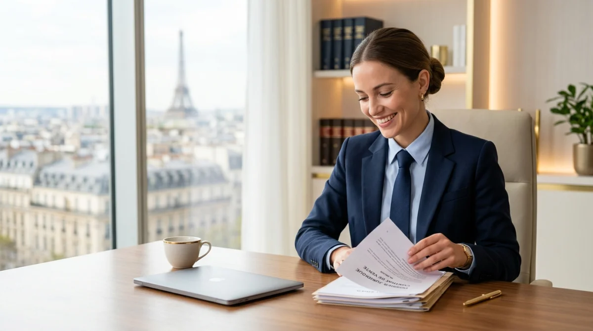 Jeune femme juriste souriante consultant des documents dans un bureau lumineux, métier en droit