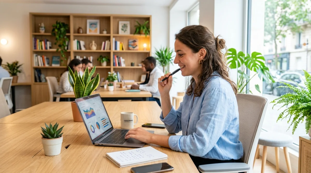 Jeune femme concentrée sur son ordinateur portable dans un espace de coworking moderne et lumineux.
