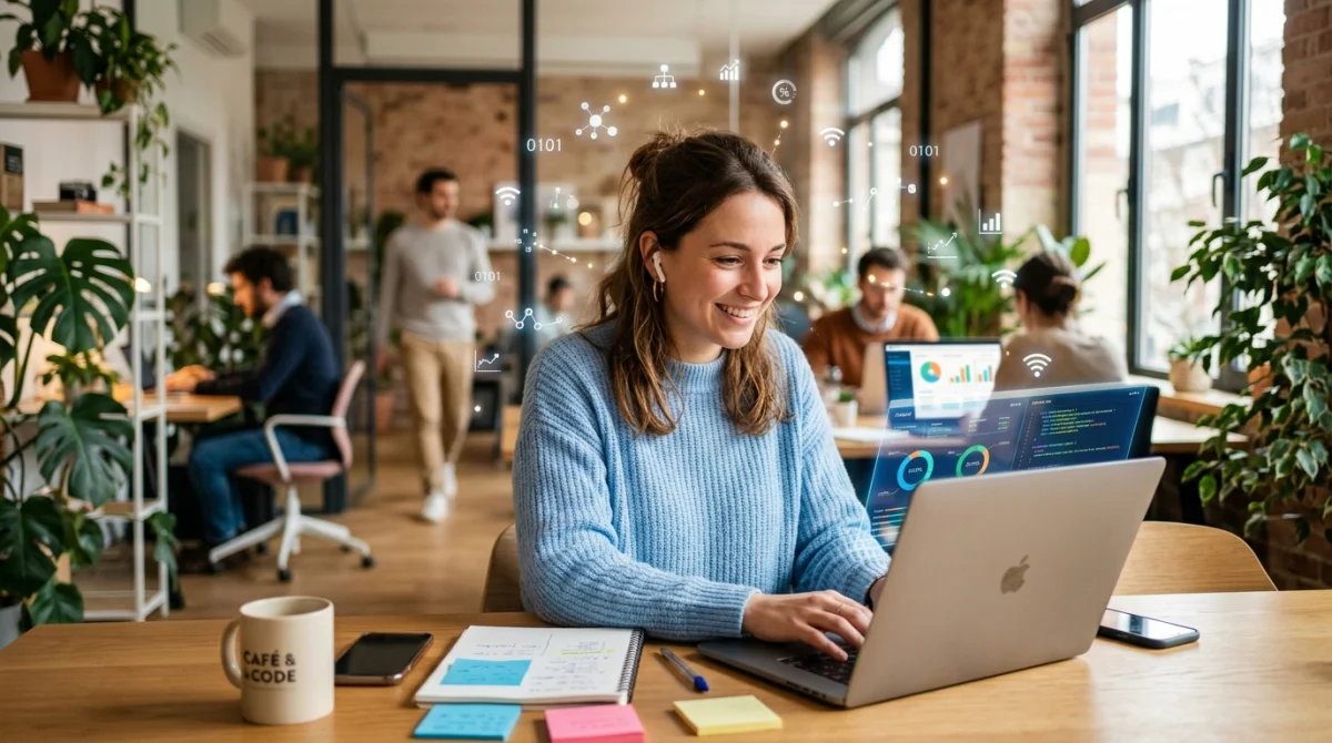 Jeune femme souriante travaillant sur ordinateur portable dans un espace de coworking moderne.