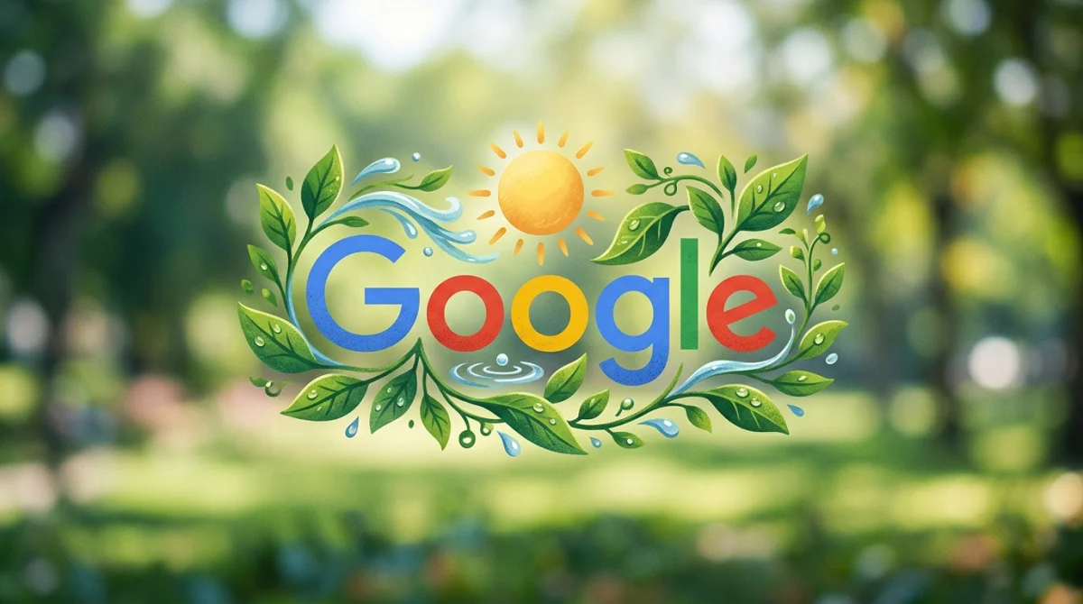 Logo Google stylisé entouré de symboles naturels pour le quiz de la Journée de la Terre.