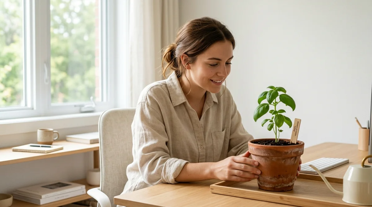 Idée business petit budget : jeune pousse verte en pot sur bureau minimaliste