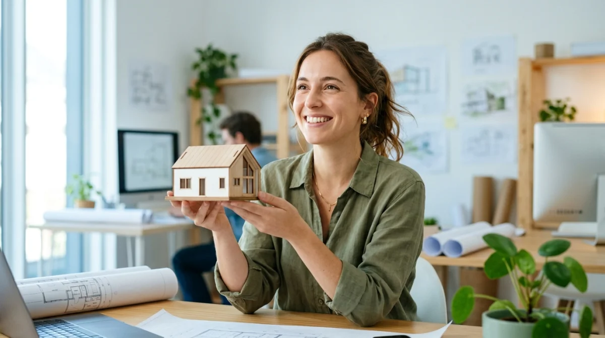 Jeune femme optimiste tenant une maquette de maison, symbolisant comment investir dans l'immobilier avec un petit budget.