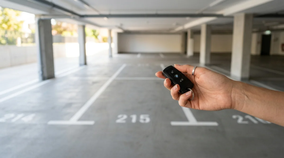 Main tenant une clé devant des places de parking, symbolisant l'investissement immobilier accessible.