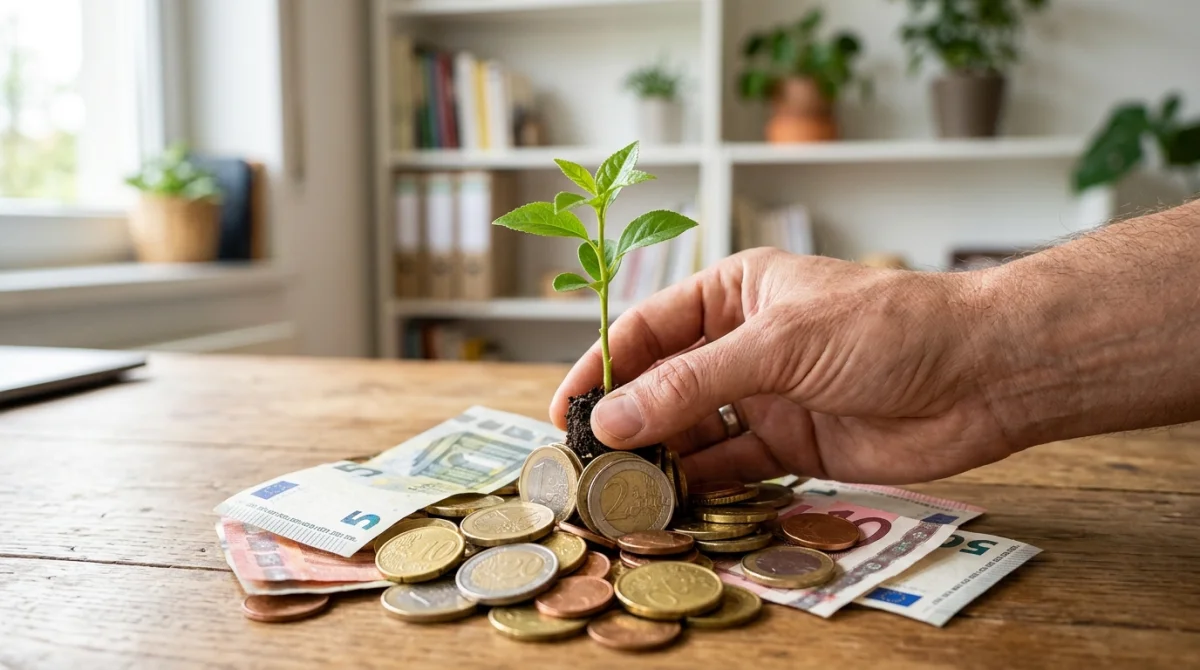 Main tenant une plante verte poussant sur des pièces et billets, symbole d'un petit investissement qui rapporte.