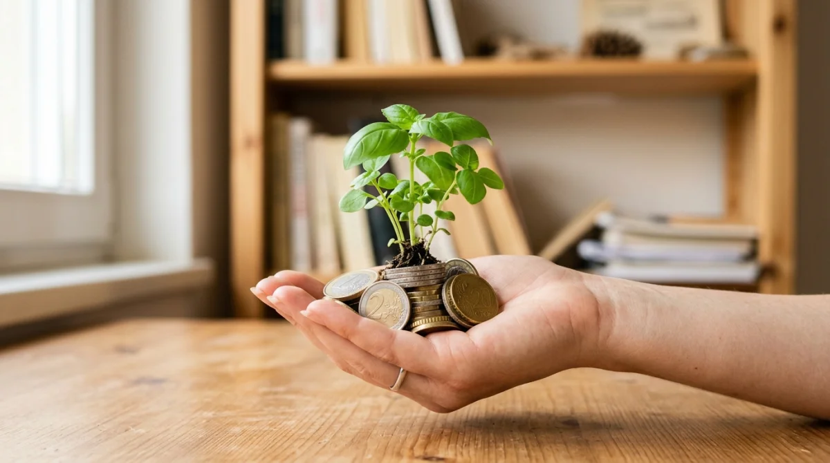 Main tenant plante verte poussant sur des pièces d'euros, symbolisant un petit investissement qui rapporte.