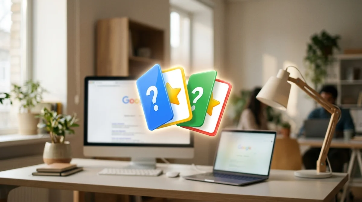 Icône du jeu de mémoire Google, deux cartes retournées, sur fond de bureau moderne.