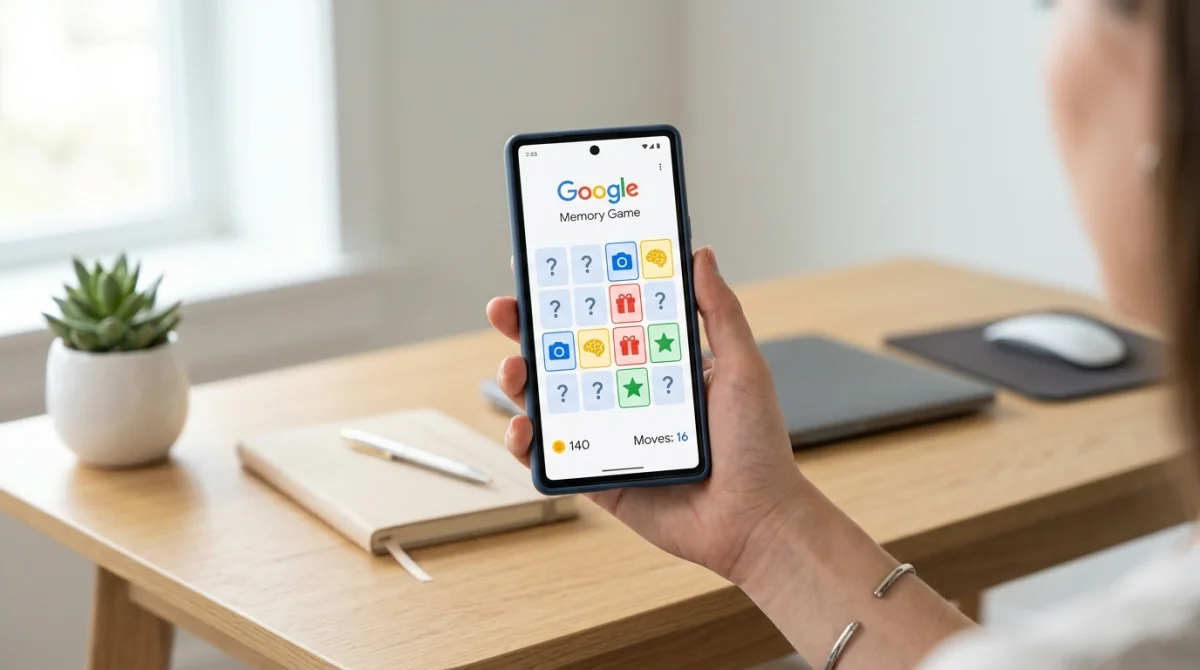 Main tenant un smartphone affichant le jeu de mémoire Google sur un bureau moderne.