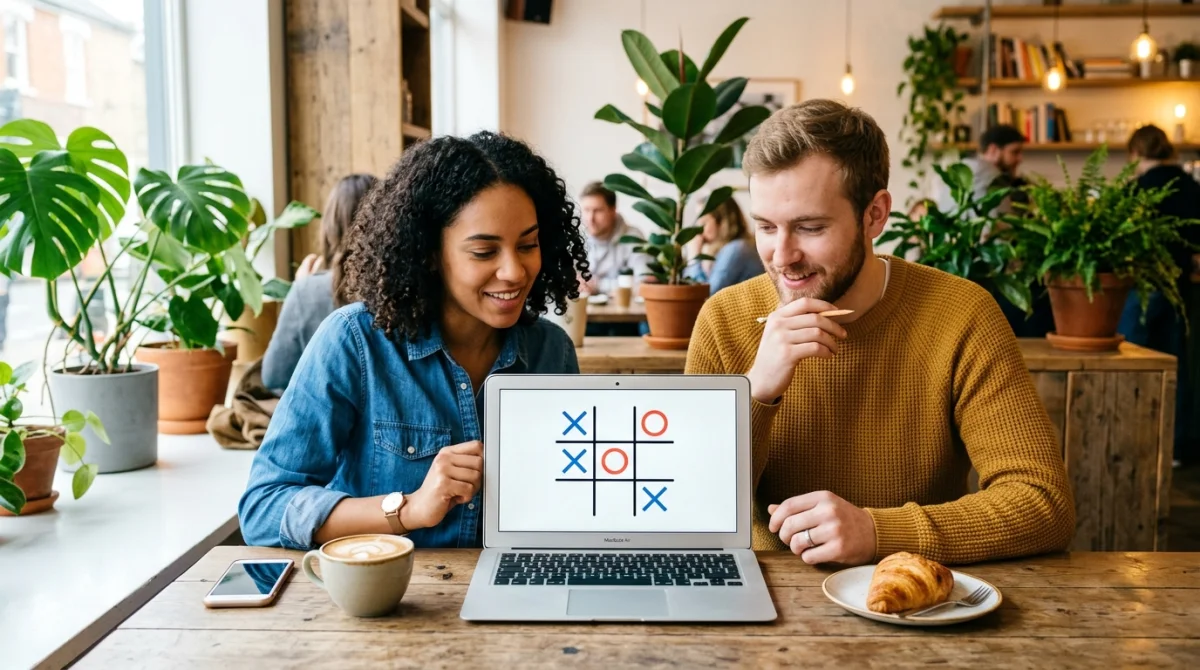 Deux personnes jouant au jeu du morpion Google sur un ordinateur portable dans un café.