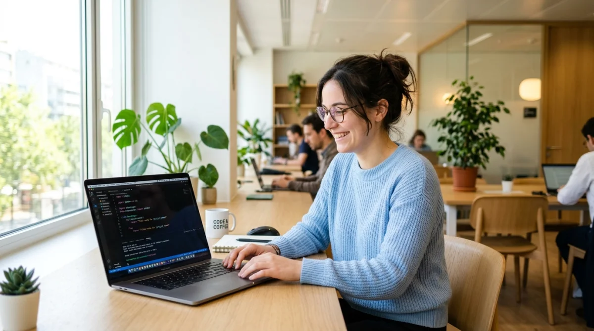 Développeur logiciel souriant travaillant sur ordinateur portable dans un espace de coworking moderne