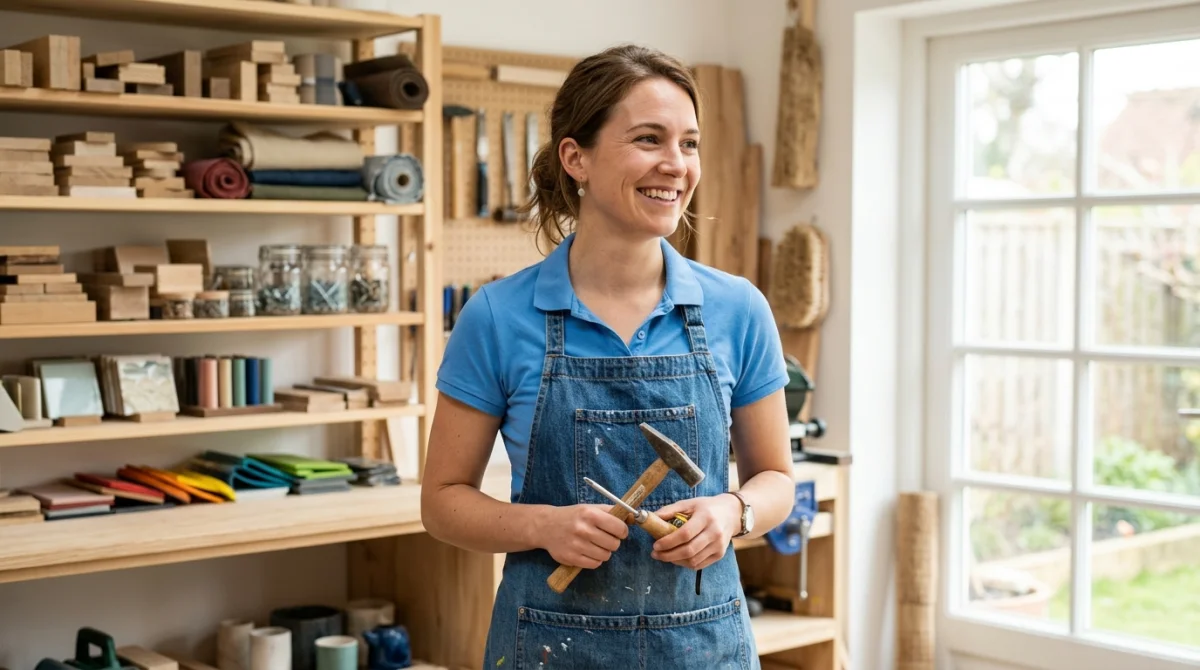 Artisan souriant dans un atelier lumineux, tenant des outils, métier en X