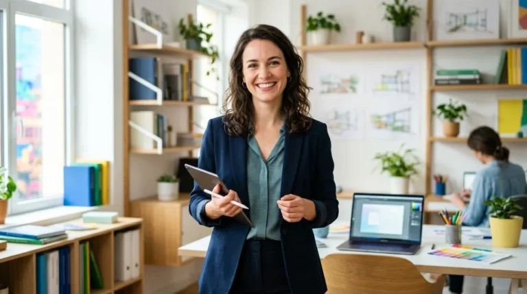 Professionnel souriant dans un espace de travail moderne, symbole du métier en X