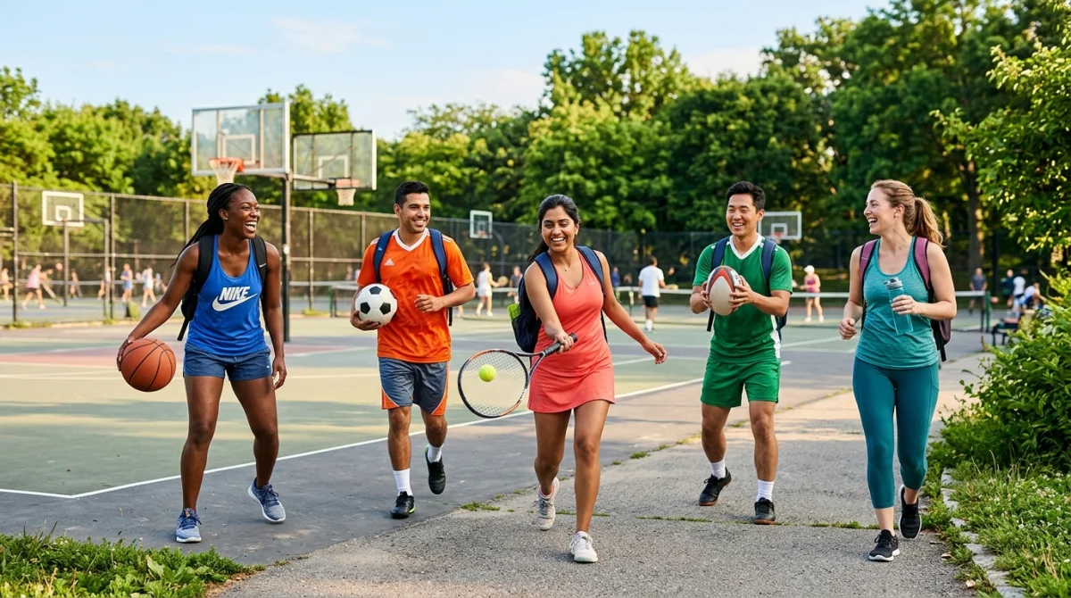 Personnes diverses pratiquant des sports variés dans un parc ensoleillé.