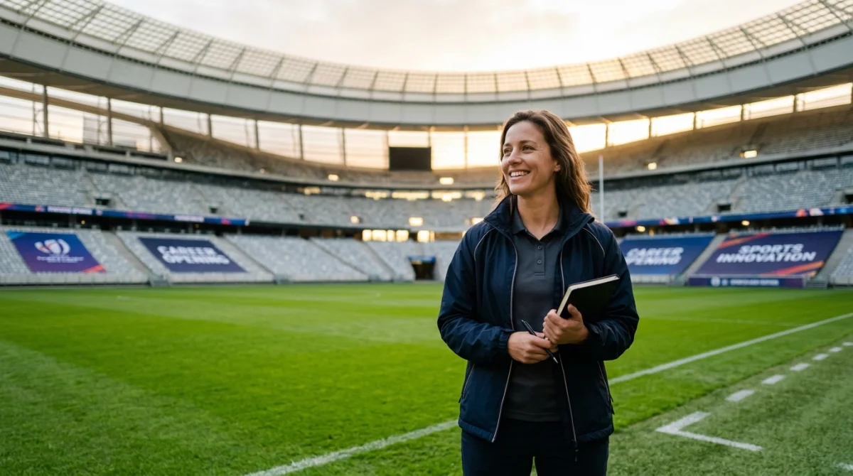 Personne souriante explorant des opportunités de carrière dans le secteur du sport.