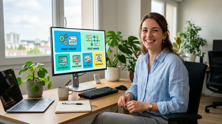 Personne souriante devant un écran d'ordinateur affichant des métiers du web comme Product Manager.