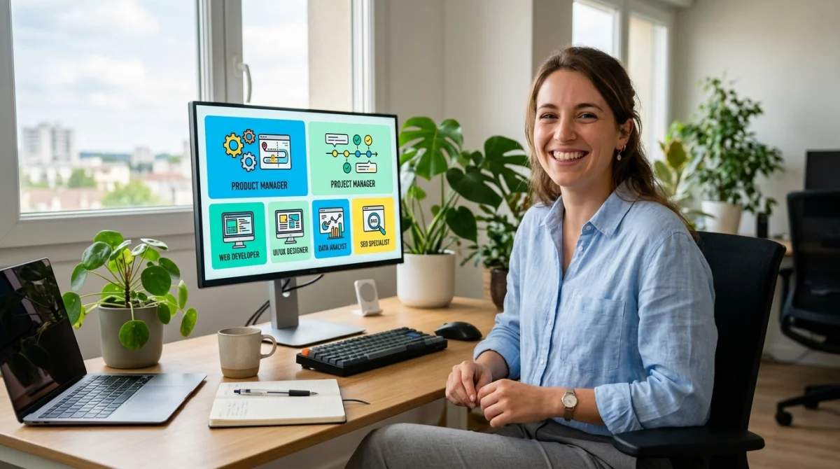 Personne souriante devant un écran d'ordinateur affichant des métiers du web comme Product Manager.