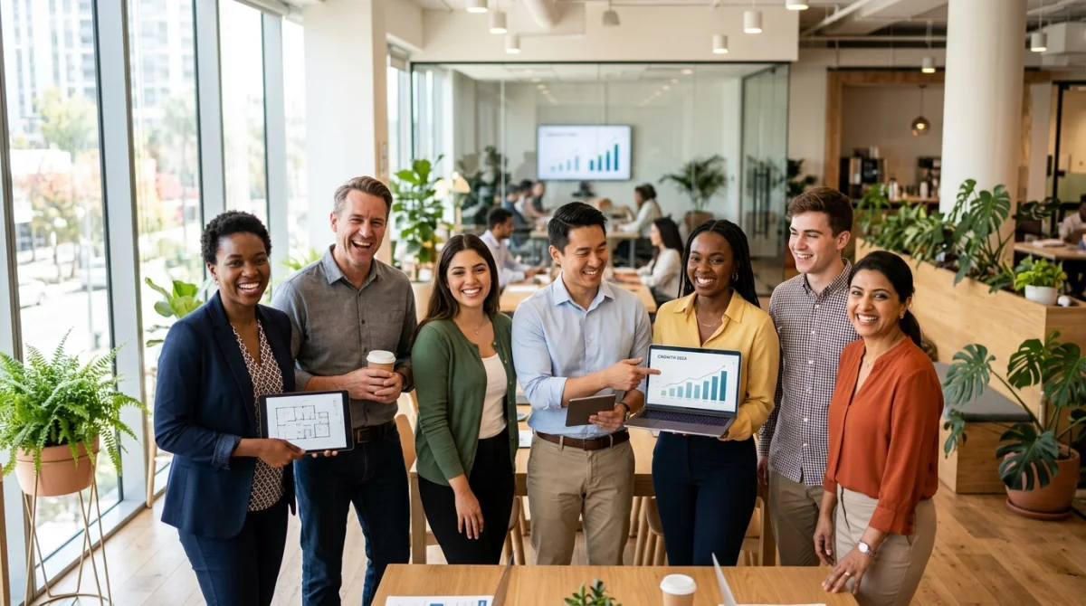 Professionnels diversifiés et souriants dans un bureau moderne, symbolisant les métiers d'aujourd'hui.