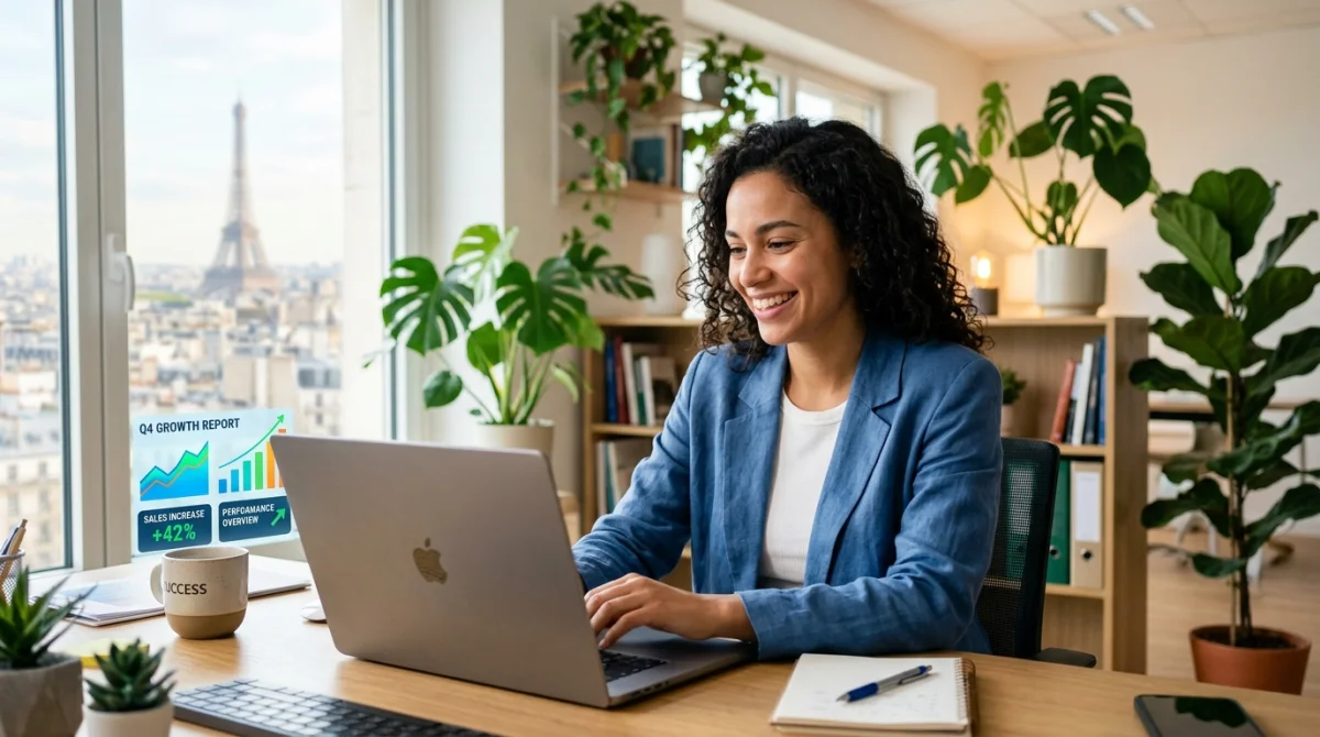 Personne souriante analysant des graphiques de croissance sur un ordinateur portable dans un bureau moderne.