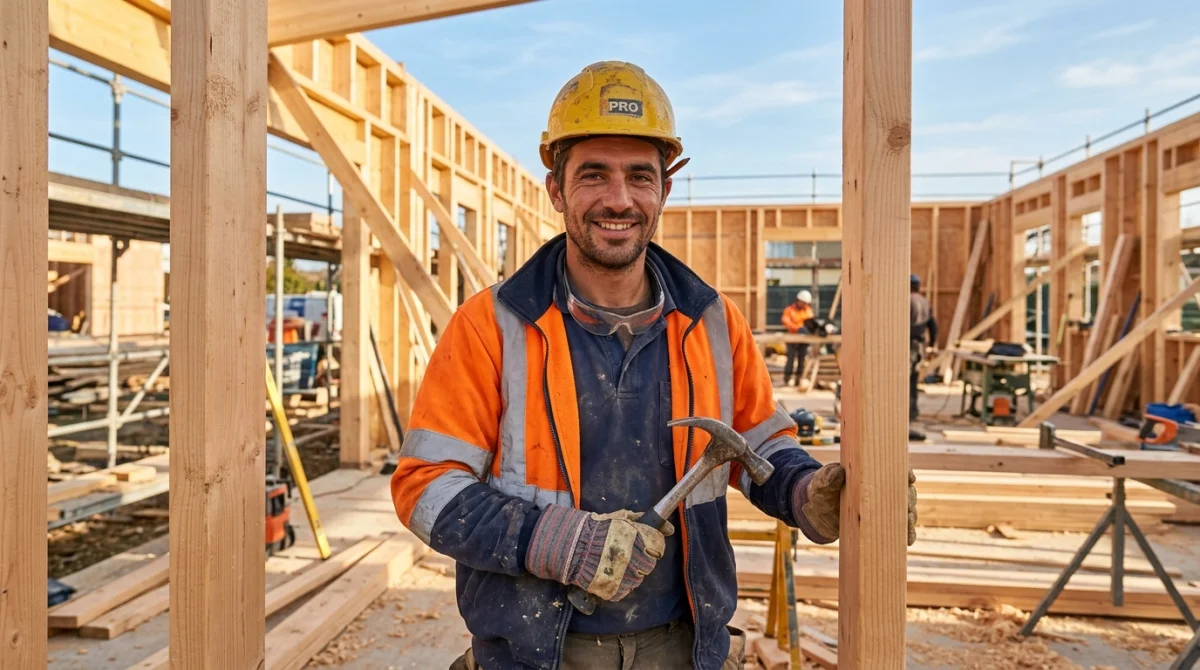 Ouvrier du bâtiment souriant avec casque et outil sur un chantier ensoleillé.