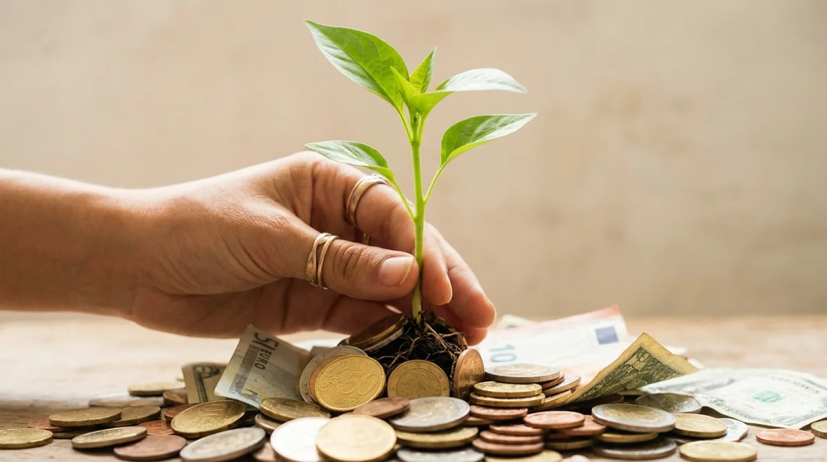 Main tenant une jeune pousse verte symbolisant un petit investissement qui rapporte et la croissance financière.
