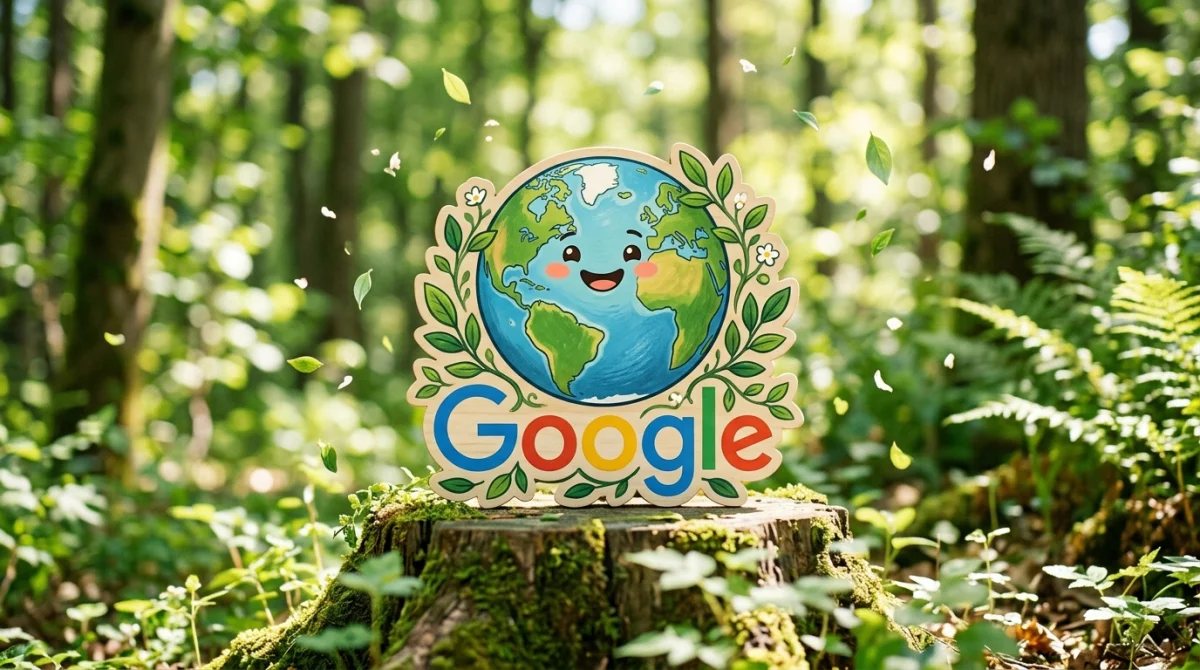 Quiz Journée de la Terre Google : icône Google, Terre souriante, feuilles vertes, forêt ensoleillée.