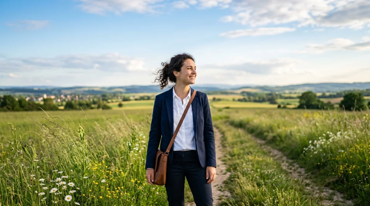 Personne souriante cherchant un métier dans un paysage lumineux et plein d'espoir.
