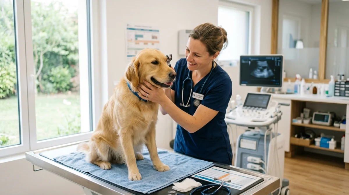 Vétérinaire examinant un chien détendu dans une clinique moderne et lumineuse.