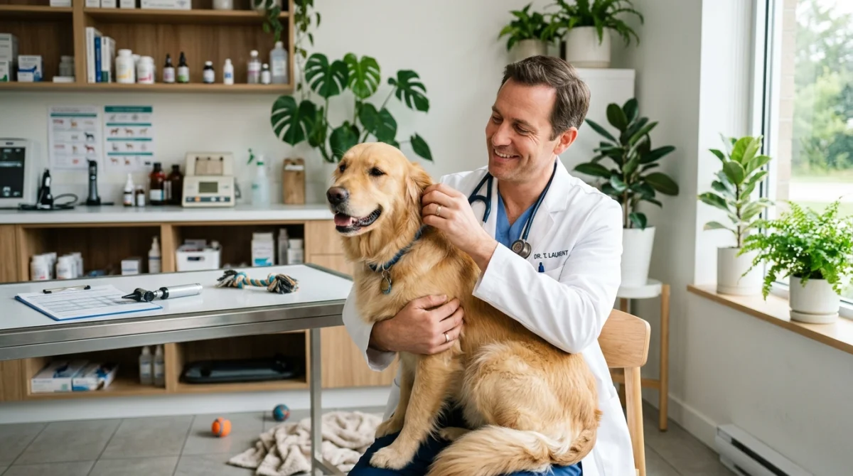 Vétérinaire souriant examinant un golden retriever détendu dans un cabinet lumineux.