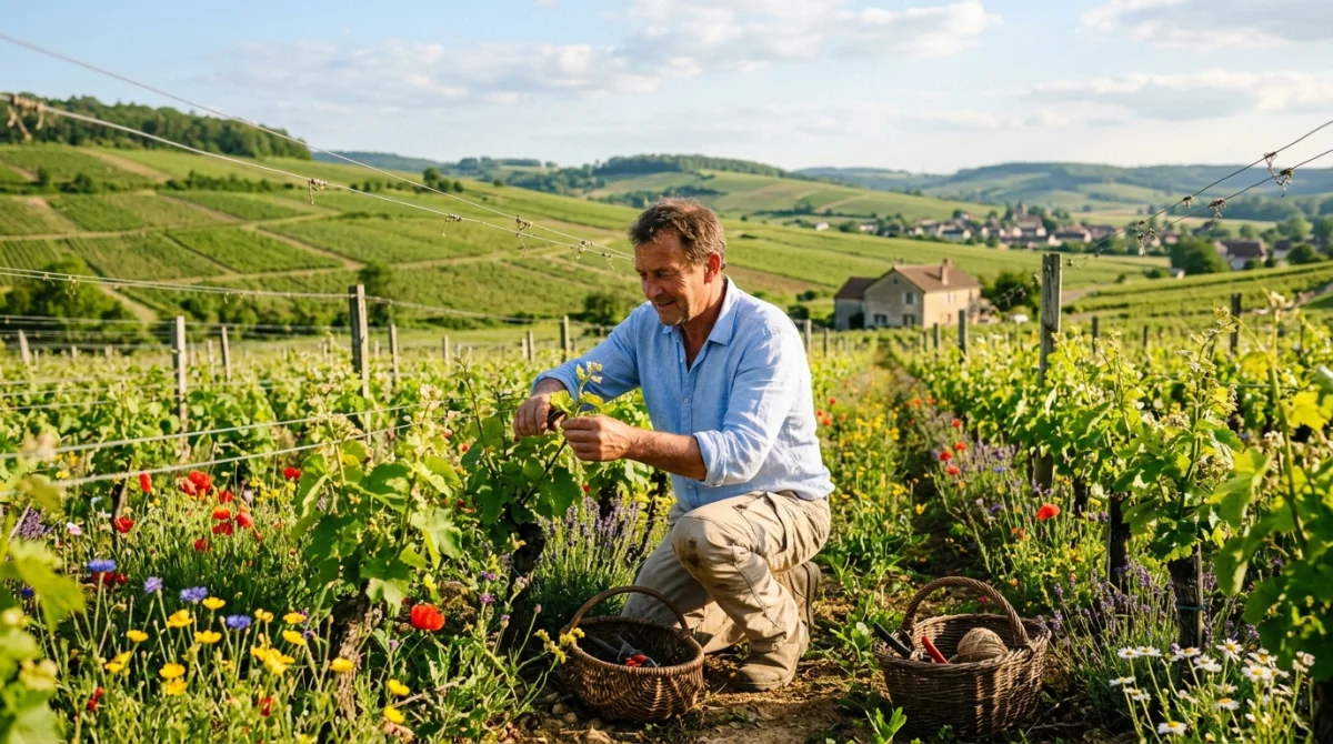 Vigneron au printemps dans un champ de vignes fleuries, travaillant la terre.