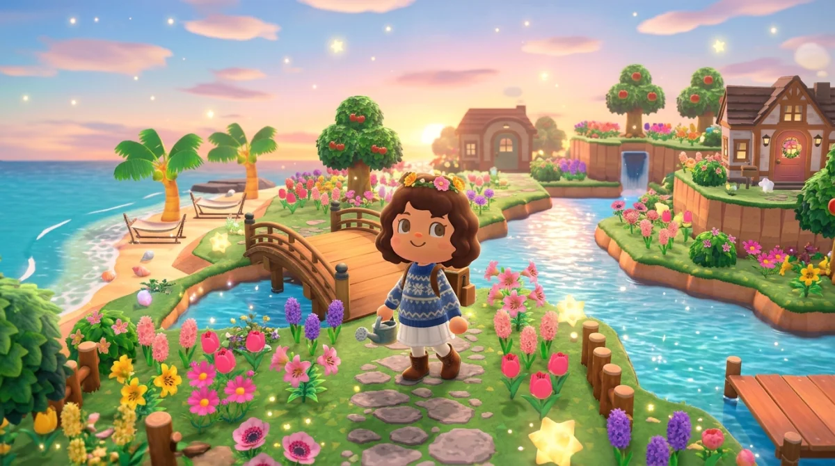 Personnage Animal Crossing sur île de rêve, code onirique, étoiles et fleurs exotiques