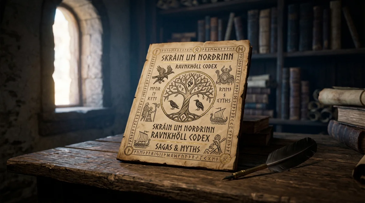 Assassin's Creed Valhalla soluce : page du Codex sur table en bois, symboles vikings, bibliothèque ancienne.