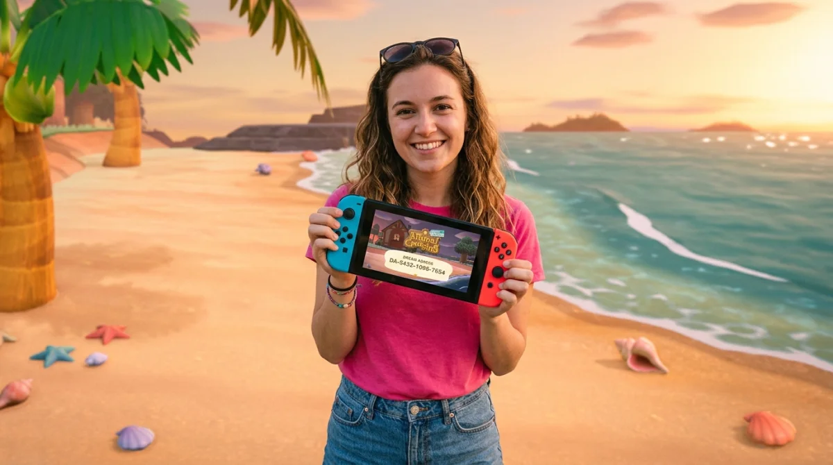 Jeune femme souriante affiche son code onirique Animal Crossing sur Switch, plage tropicale.