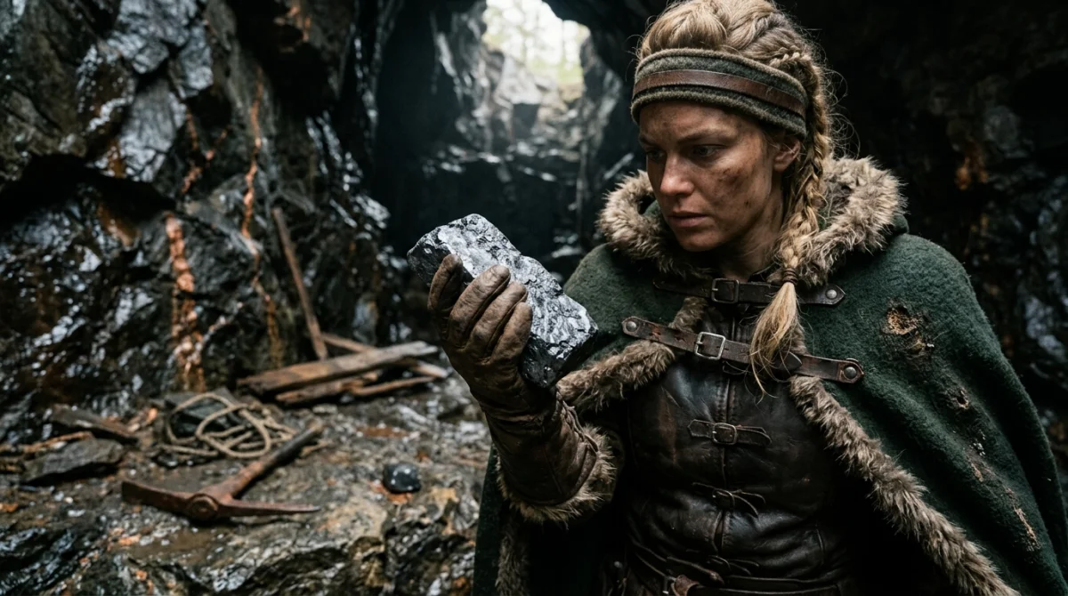 Eivor, guerrière viking, découvre un lingot de tungstène dans une mine sombre : soluce Assassin's Creed Valhalla.
