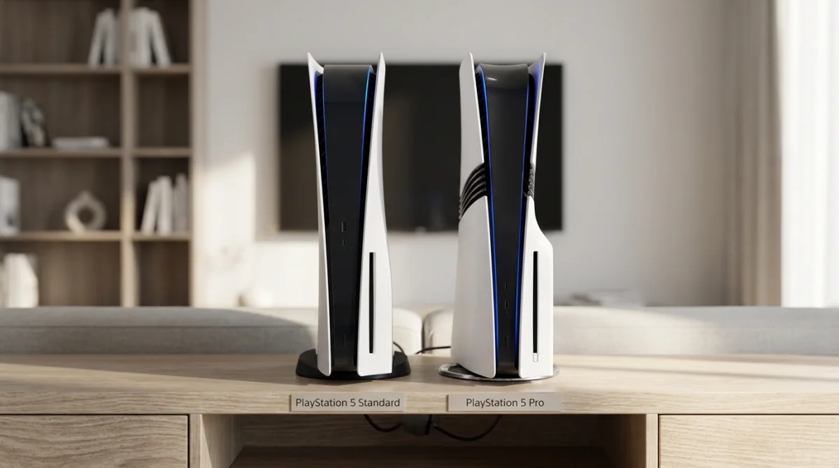 Comparaison visuelle PS5 Pro et PS5 standard côte à côte, salon moderne