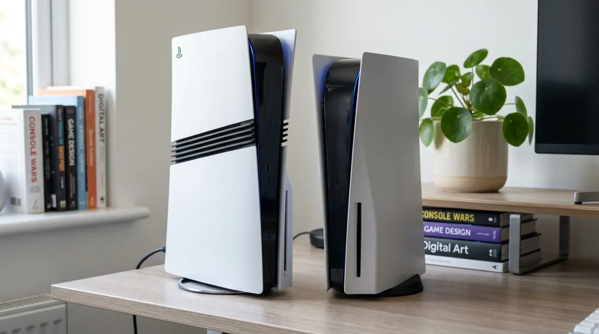 Comparaison visuelle : PS5 Pro et PS5 standard côte à côte sur un bureau moderne.