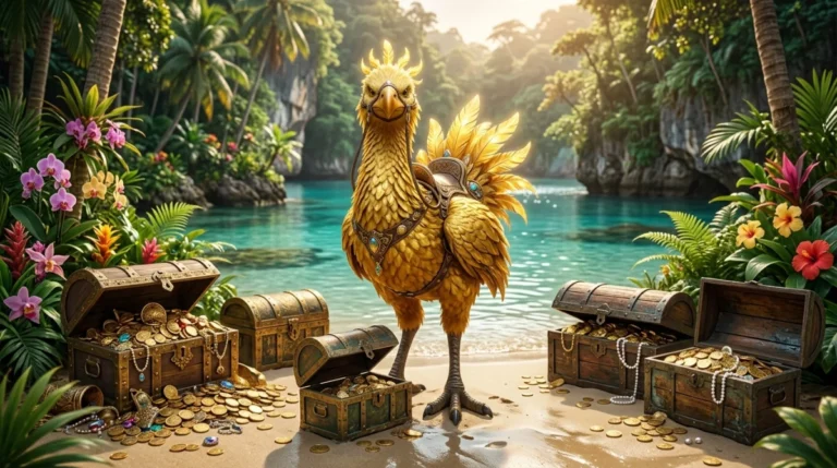 Chocobo doré majestueux entouré de coffres aux trésors dans un lagon tropical, illustration pour guide FF9 soluce.