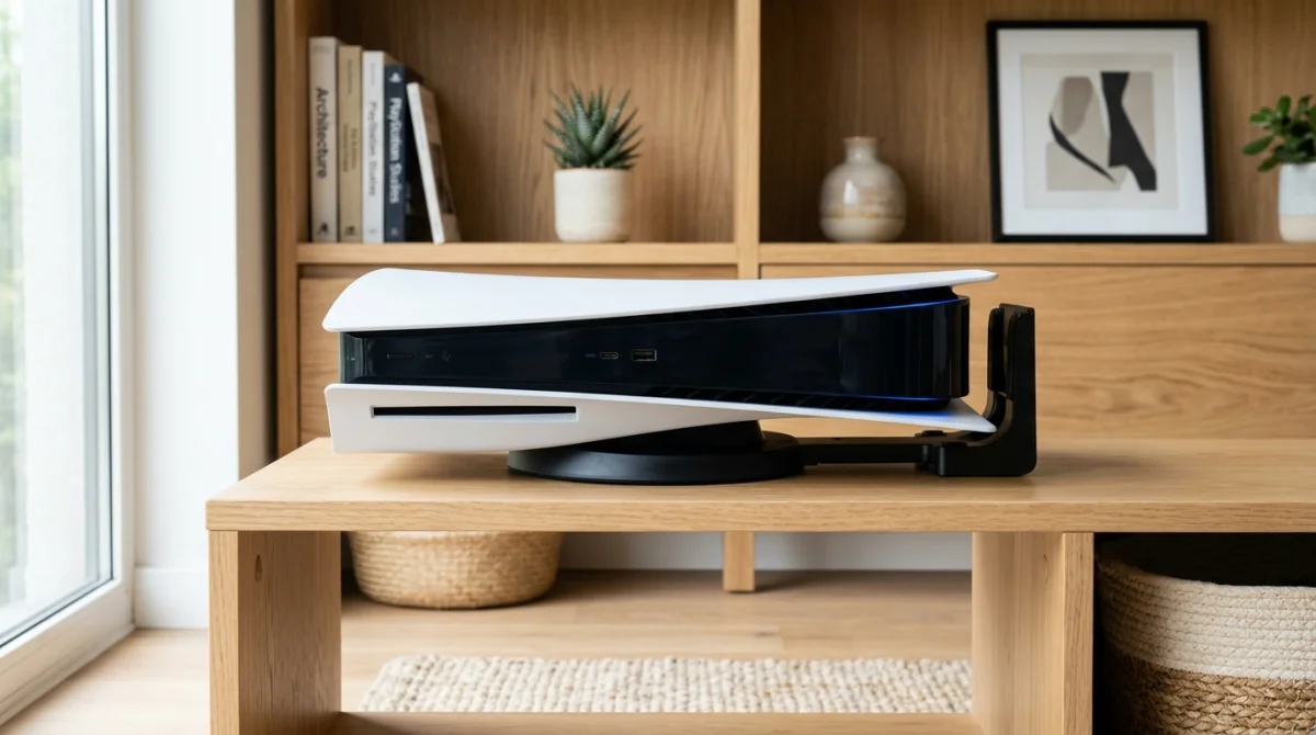 Console PlayStation 5 installée en position horizontale sur son socle dans un salon moderne et lumineux.