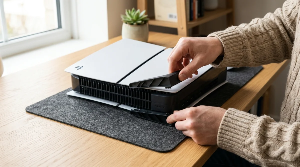 Console PS5 Slim installée horizontalement sur un bureau en bois clair avec ses pieds de support fixés.