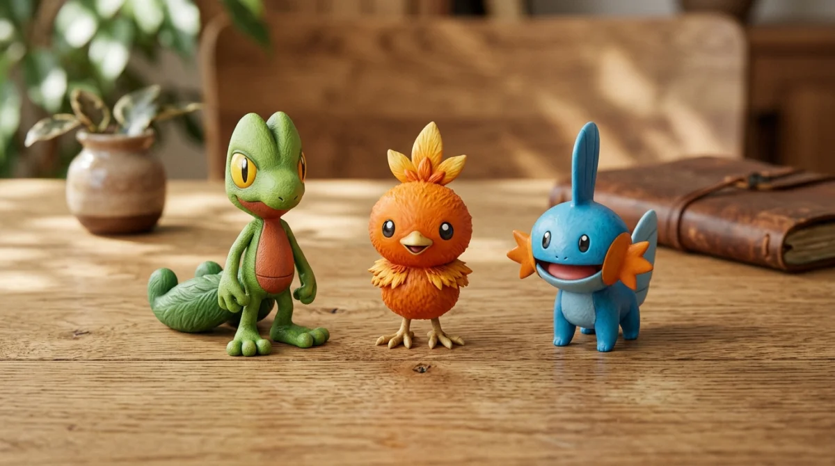Figurines miniatures d'Arcko, Poussifeu et Gobou sur un bureau en bois pour illustrer la soluce Pokémon Émeraude.
