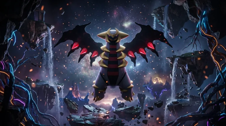 Soluce complète de Pokémon Platine Le Pokémon légendaire Giratina flottant dans le Monde Distorsion pour notre guide Pokémon soluce Platine.
