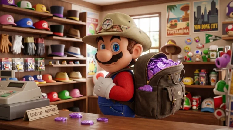 Mario portant une casquette de voyageur et un sac rempli de pièces violettes dans une boutique Crazy Cap.